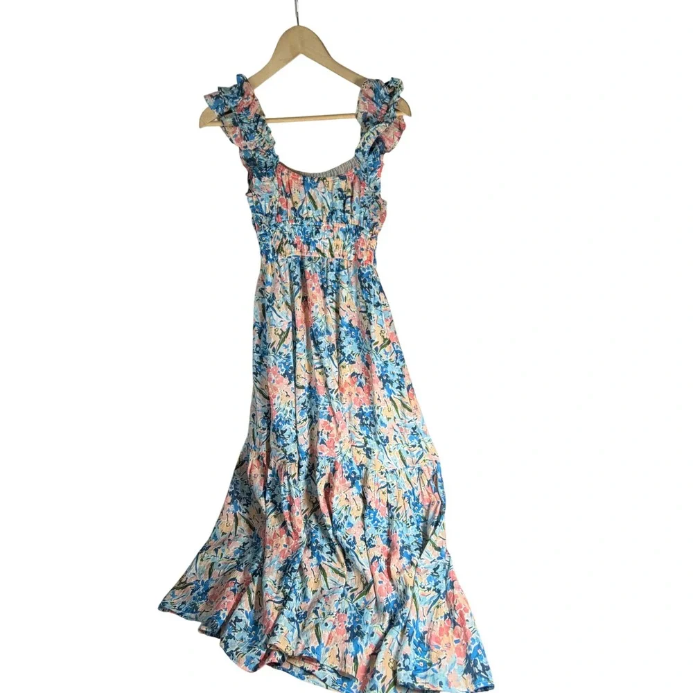 Abercrombie & Fitch Floral Smocked Maxi Dress‎ Blue Pink Ruffle XS 159D2300